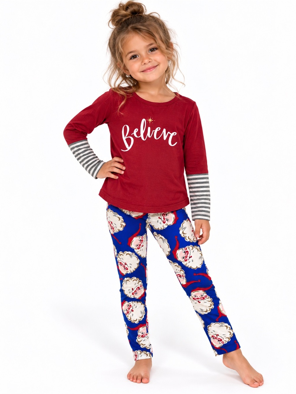Girls Holiday Outfit | Burgundy Believe Christmas Tee + Santa Leggings | 5/6t